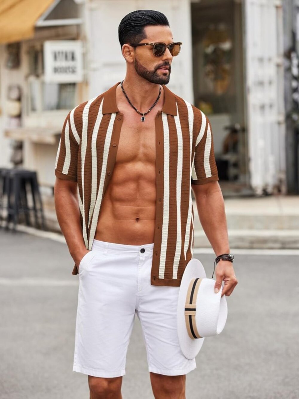 Men's Caramel & Beige Knit Striped Polo Short Sleeve Summer Beach Casual Shirt - Picture 2 of 6